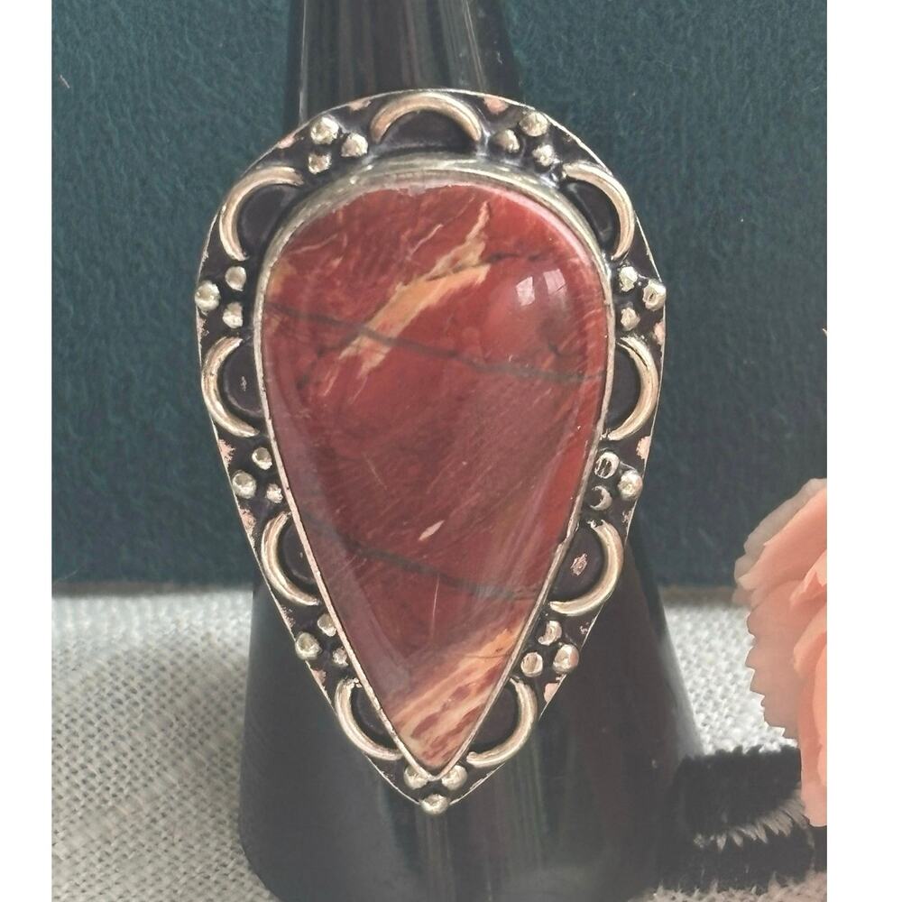 925 Silver Red Rainbow Jasper Ring 7.5